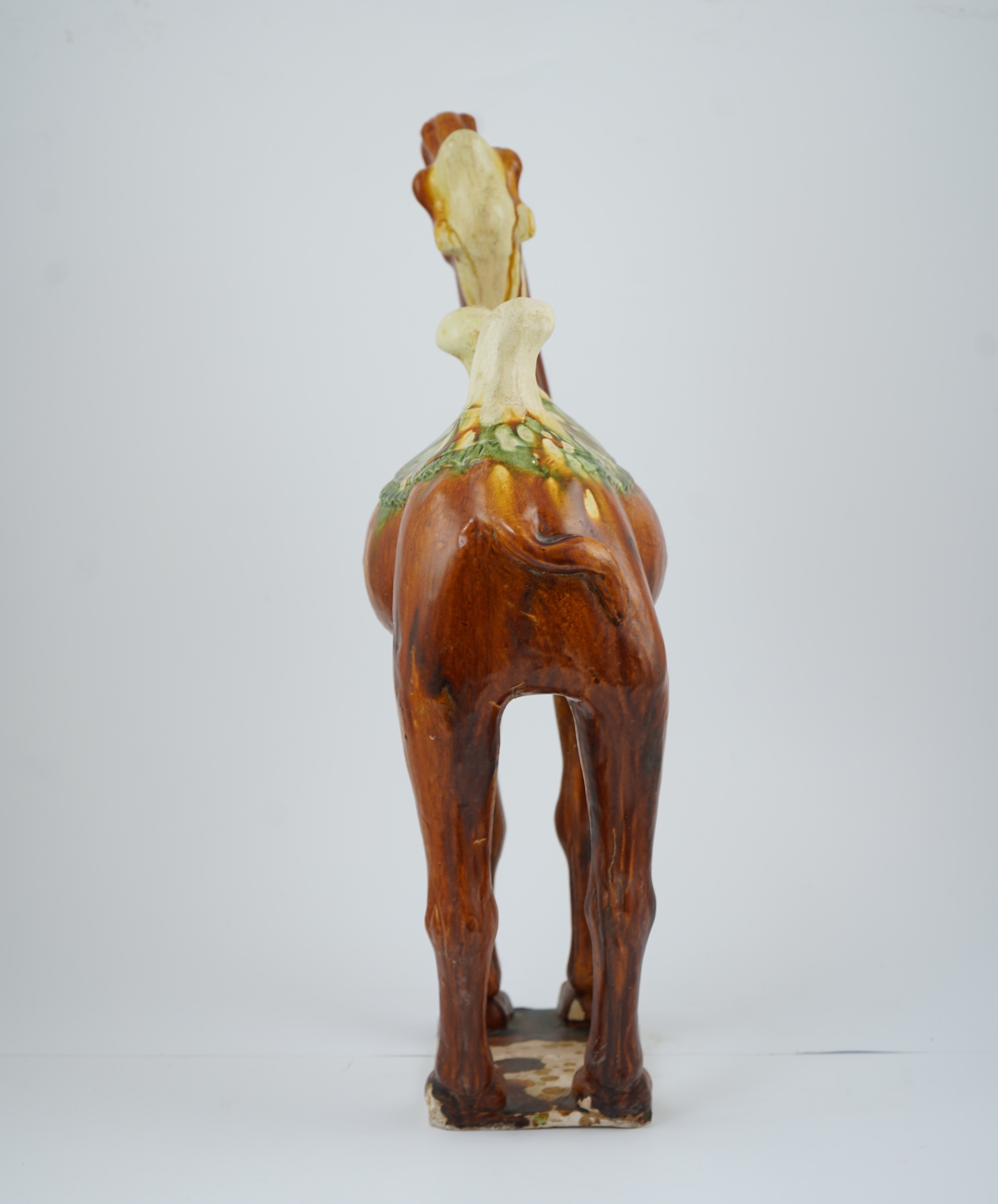 A large Chinese sancai pottery figure of a bactrian camel, Tang dynasty